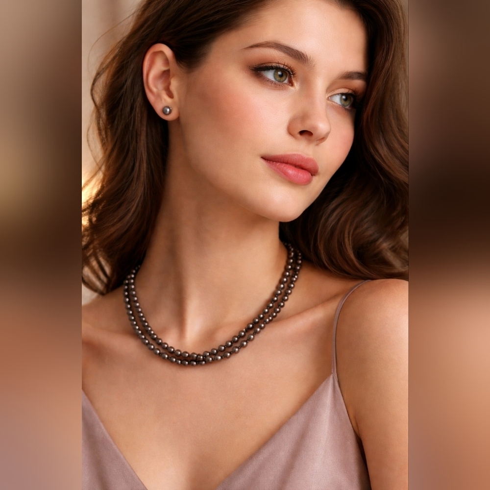 Vintage Dark Purple Freshwater Pearl Necklace & Stud Earrings Set – Iridescent